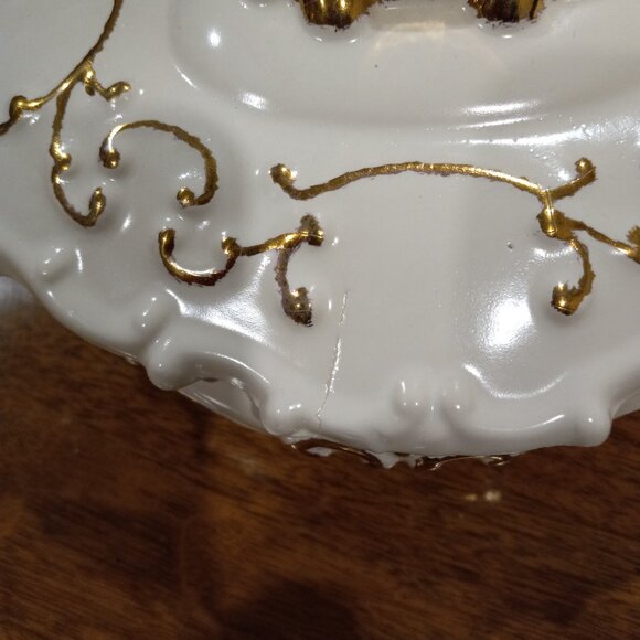 Vintage Oval White Gold Covered Bowl Lidded Candy Trinket Dish Ceramic Pottery - Picture 6 of 16